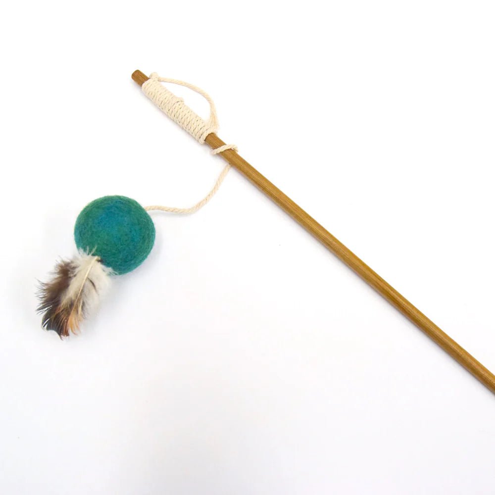 Handmade Feather Teaser Cat Wand - Teal Ball - Pryde Pets