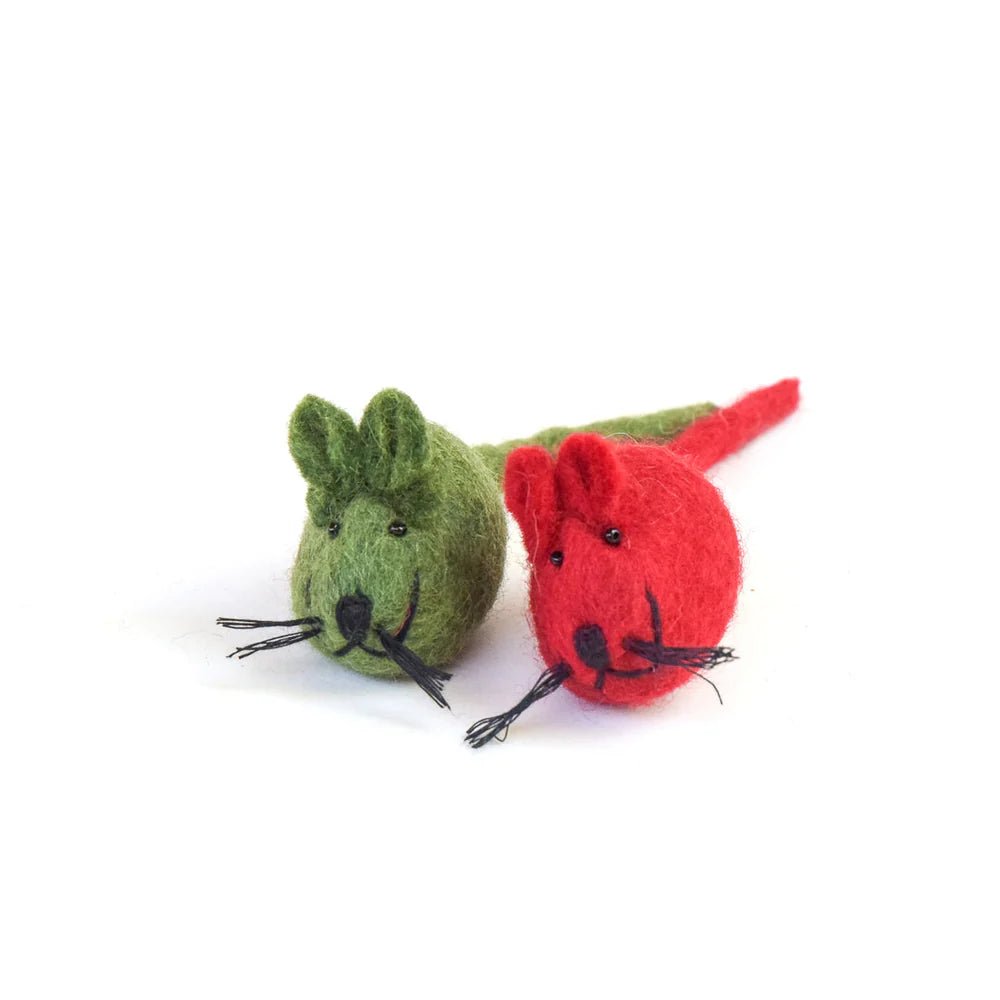 Handmade Felt Mouse Toys (2) - Green &amp; Red - Pryde Pets